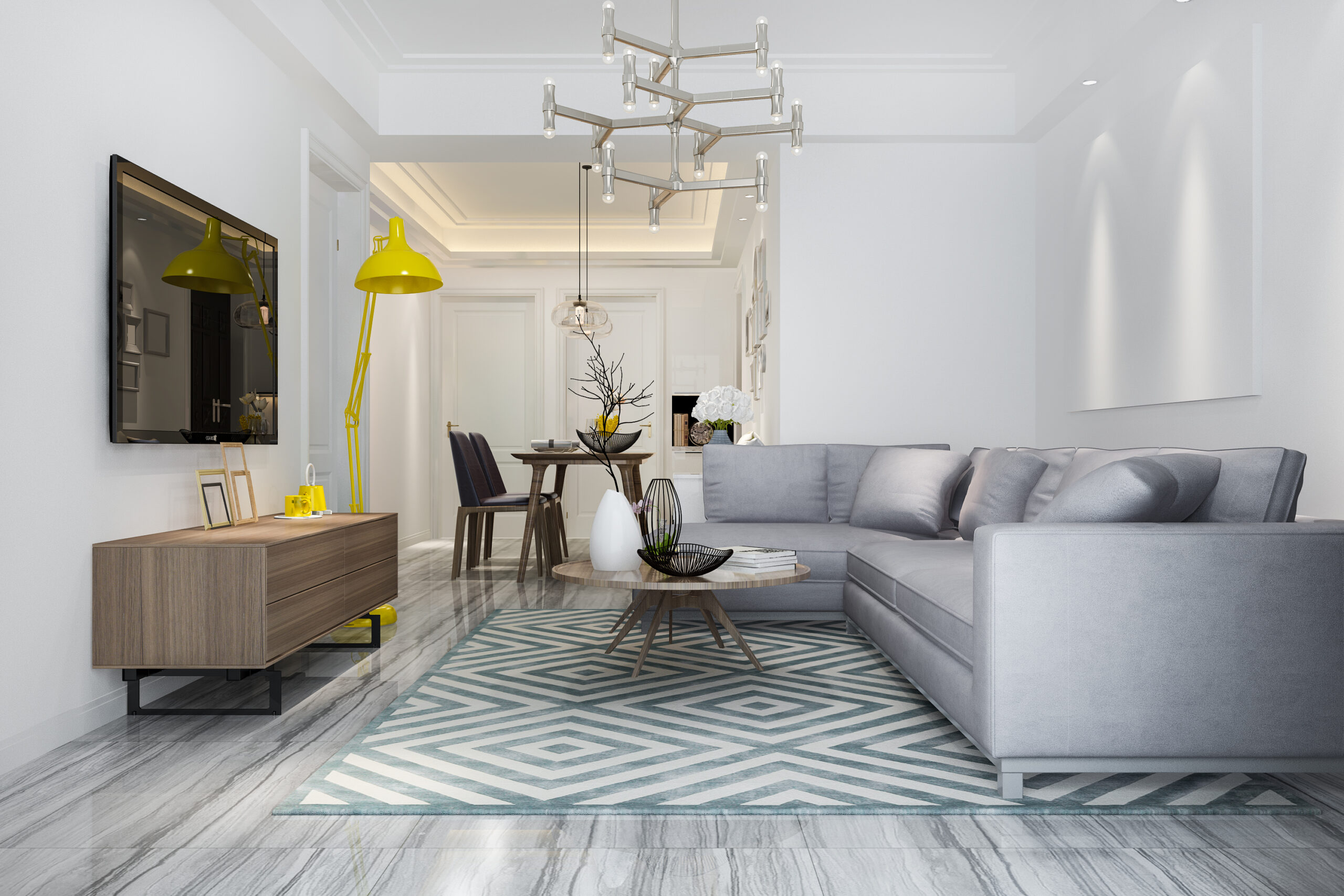 3d rendering modern dining room living room with luxury decor yellow lamp